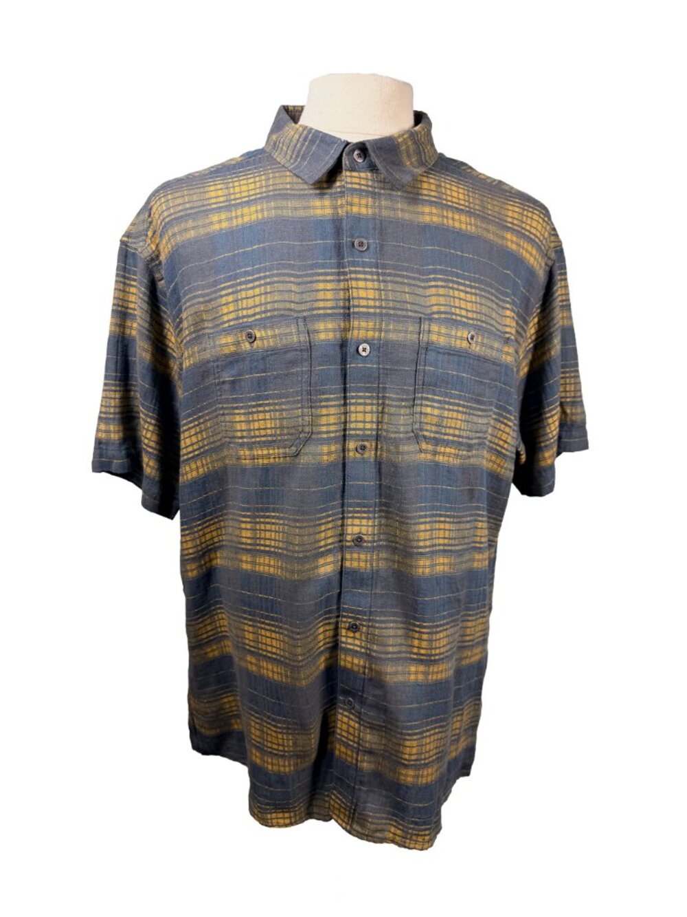 Kuhl Skorpio Shirt Mens XXL Blue Yellow Plaid Linen Cotton Short Sleeve #7218